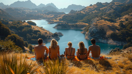 a group of people sit on a hill overlooking a lake at sunset. - Powered by Adobe