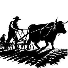 Rural Craft: Black Vector Silhouette of a Farmer Plowing with a Cow, Timeless Agriculture- Farmer vector stock.