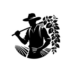 Field Mastery: Black Vector Silhouette of a Farmer Working, Symbol of Agricultural Dedication- Farmer Working Vector Stock.