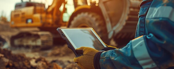 A construction worker in reflective clothing uses a tablet in an industrial setting with heavy machinery