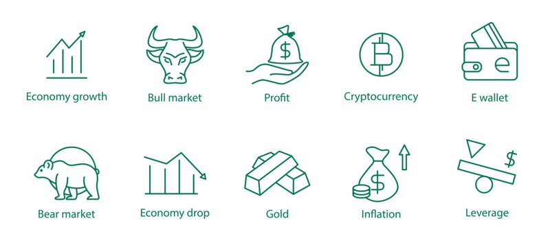 Market Dynamics Icons: Vector Illustrations Representing Economy Growth, Bull Market, Profit, Cryptocurrency, E-Wallet, Bear Market, Inflation, and Leverage
