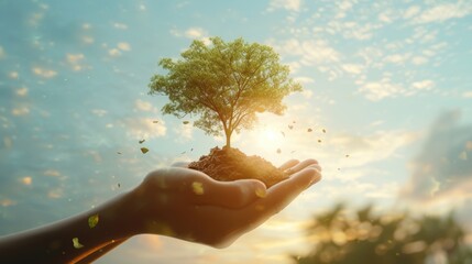 Conceptual image of a tree flourishing from soil held in human hands, symbolizing growth and...