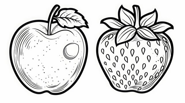 coloring pages or books for children, Cute and funny coloring page of a rocket, Cartoon illustration, outline picture for coloring kid book, illustration of strawberry and apple