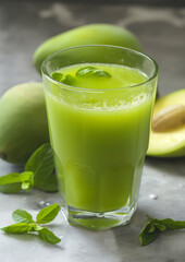 Refreshing Aam Panna: Roasted Raw Mango Juice in a Transparent Glass made with roasted raw mango, spices, mint leaves and ice water