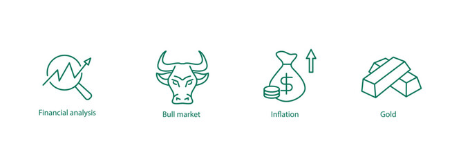 Financial Icons: Vector Illustrations for Financial Analysis, Bull Market, Inflation, and Gold