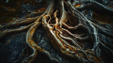 Roots of two trees intertwined underground, symbolizing the hidden connections within nature.