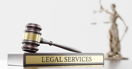 Legal Services: Judge's Gavel as a symbol of legal system and wooden stand with text word - 785950380