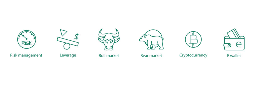 Financial Market Icons: Vector Illustrations Depicting Risk Management, Leverage, Bull and Bear Markets, Cryptocurrency, and E-Wallets 