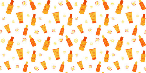 Vector spf sunscreen cosmetics seamless pattern. Sunscreen protection and sun safety. Hand drawn line vector illustration.