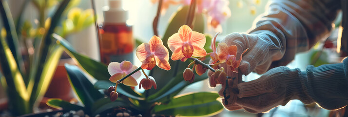 Devotion to Orchid Care: Ensuring the Flourish of Exotic Blooms in a Controlled Environment - obrazy, fototapety, plakaty