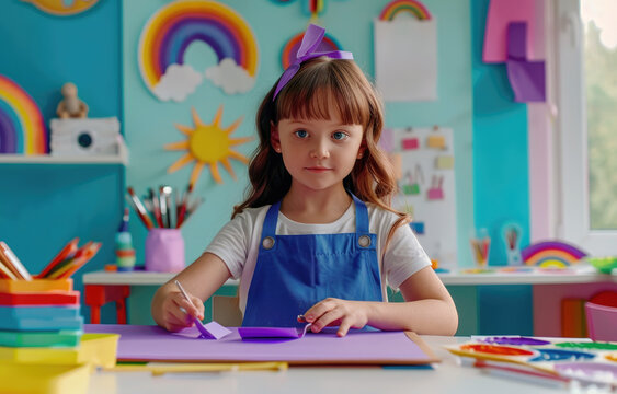 A young girl in an art studio, using scissors to cut purple paper into shapes for her painting project on the table with white board and drawing paper
