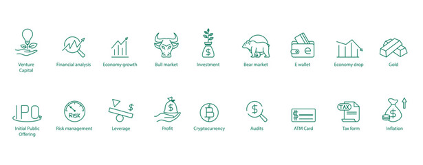 Art & IllustrationFinancial Icons Spectrum: Vector Illustrations Encompassing Venture Capital, Financial Analysis, Bull Market, Investment, Bear Market, E-Wallet, Risk Management, Profit, ATM Card, an
