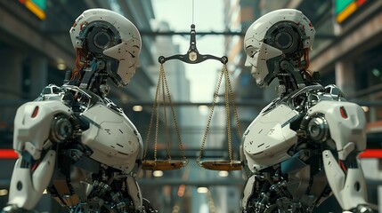 Fototapeta premium realistic androids facing each other, each holding a traditional balance scale