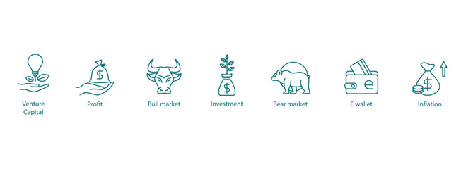 Financial Icons Galore: Vector Illustrations Covering Venture Capital, Profit, Bull Market, Investment, Bear Market, E-Wallet, and Inflation