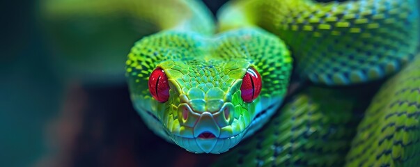 A vivid detailed close-up highlights the entrancing red eyes and textured scales of a green snake. - obrazy, fototapety, plakaty