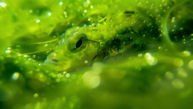 At a closer glance the seemingly serene algae blooms reveal a menacing side as they engulf and suffocate a small water creature portraying . AI generation.