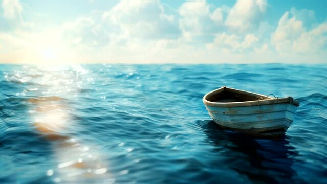 Maritime Tranquility: Wooden Boat Drifting Across the Ocean