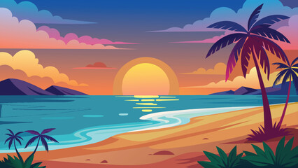 Fototapeta na wymiar Tropical beach sunset with palm trees and ocean horizon, vector cartoon illustration.