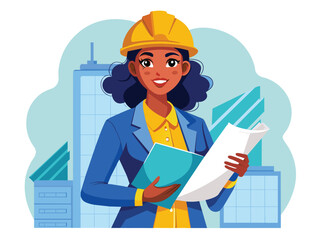 Confident black female engineer with blueprints at construction site vector cartoon illustration.