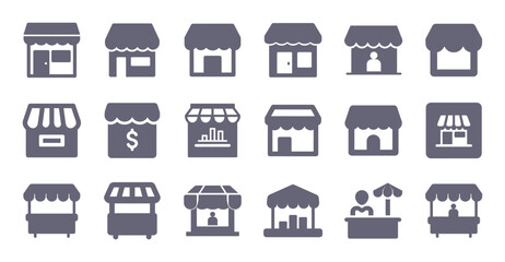 Store glyph flat icons. Vector solid pictogram set included icon as shop building, market counter, mall center, storefront silhouette illustration for infographic.