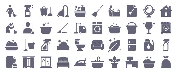 Cleaning service glyph flat icons. Vector solid pictogram set included icon as home clean, vacuum cleaner, laundry, maid, toilet dust, schedule silhouette illustration for housekeeping.