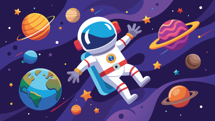 Astronaut floating in space with planets vector cartoon illustration.