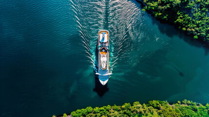A cruise ship is seen sailing in the water of a tropical bay from an overhead perspective - obrazy, fototapety, plakaty