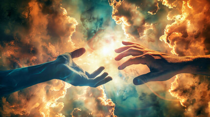 Two hands reaching towards each other against a sky filled with fluffy clouds - obrazy, fototapety, plakaty