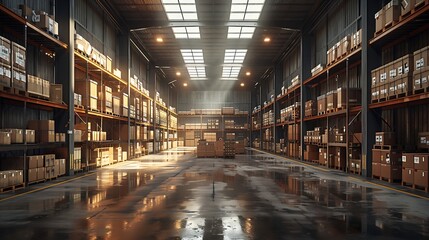 well-organized warehouse interior, with tall metal shelving units filled with cardboard boxes