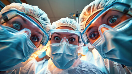 A group of cheerful doctors wearing goggles and masks, laughing and chatting together