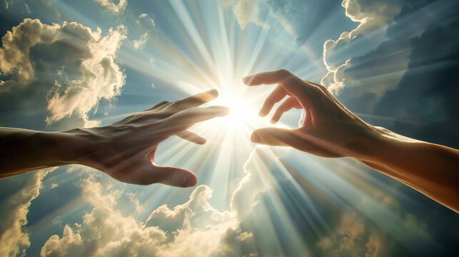 Two hands, one reaching from the left and the other from the right, stretch towards each other in the vast sky