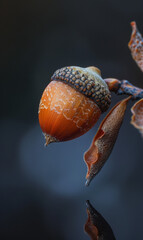 Macro shot of a single acorn on a branch, highlighting its natural textures.