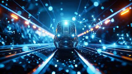 A modern passenger train glides through a tunnel illuminated with a mesmerizing array of vibrant lights - obrazy, fototapety, plakaty