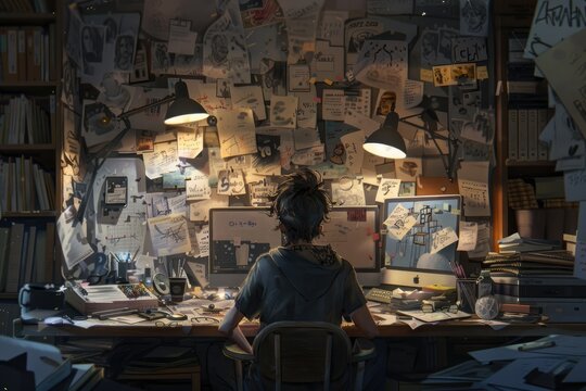 A young man was sitting at a table surrounded by scattered papers and paper sketches on the wall
