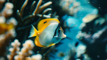 Fototapeta na wymiar Yellow and Blue Fish Swimming in Coral Reef