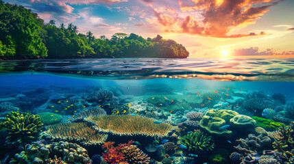 Fototapeta na wymiar A view of a vibrant coral reef underwater with the sun setting in the background, casting a warm glow over the colorful marine life