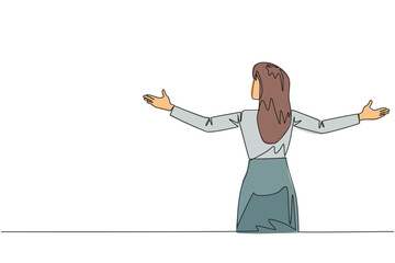 Single continuous line drawing rear view of businesswoman speaking at the podium while opening hands. Style like successful motivator. Invite to increase business. One line design vector illustration