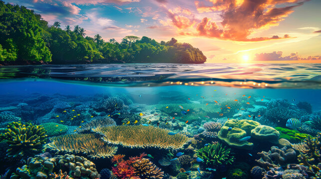A view of a vibrant coral reef underwater with the sun setting in the background, casting a warm glow over the colorful marine life