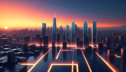 looking for future , Abstract glowing graph line over a cityscape at sunrise with high-rise buildings - obrazy, fototapety, plakaty