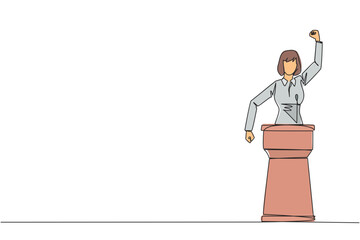 Single continuous line drawing young businesswoman speak at the podium by clenching fists at head height. Doing oration. Leadership concept. Burning the spirit. One line design vector illustration