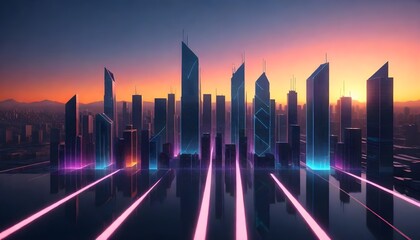 looking for future , Abstract glowing graph line over a cityscape at sunrise with high-rise buildings