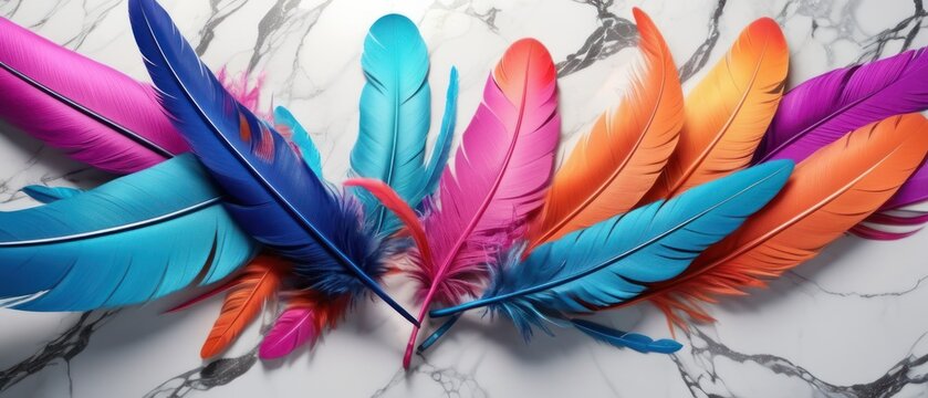 colorful feathers on swirling marble background