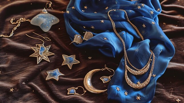 Scatter celestial-inspired accessories star-shaped earrings  a moonstone necklace  a blue silk scarf a on a velvet cloth  evoking the mysteries of the night sky