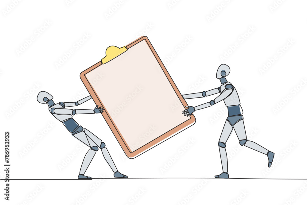 Poster single continuous line drawing two angry robot fighting over the big clipboard. useful to make it ea
