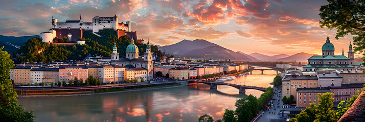 Naklejka premium Panoramic summer cityscape of Salzburg, Old City, birthplace of famed composer Mozart. Great sunset in Eastern Alps, Austria, Europe. Adorable evening landscape with Salzach river.