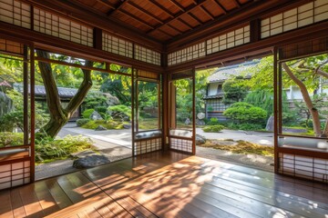 A historic tea house with traditional Japanese tatami rooms, sliding doors, and a serene garden...