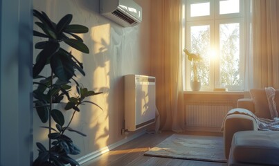 air heat or cool conditioner at home in sunny backlight. - obrazy, fototapety, plakaty