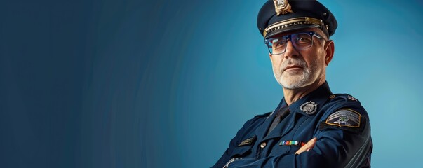 police officer in full uniform exudes authority and professionalism against blue backdrop. banner - obrazy, fototapety, plakaty