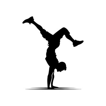 recommend clip art: Gravity Defiance: Black Vector Silhouette of a Person Performing a Handstand, Exuding Balance and Strength-  Handstand person vector stock.