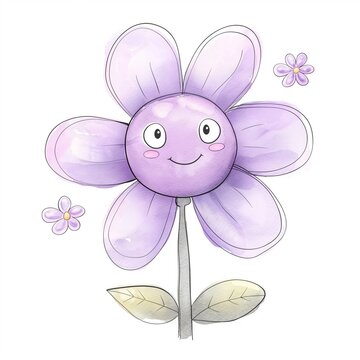 A watercolor clipart featuring a cute yet slightly creepy flower character with a smiling and happy expression, set against a pristine white background.